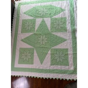 Vintage Handmade Green Gingham Star Patchwork Quilt Prairie Point Edge 98x82